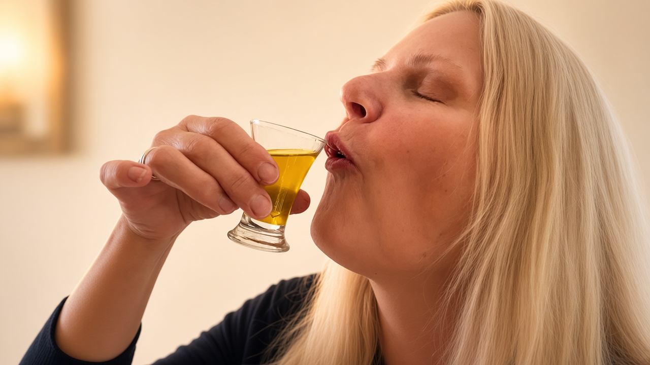 Una donna beve un infuso dorato e caldo accanto a una lampada
