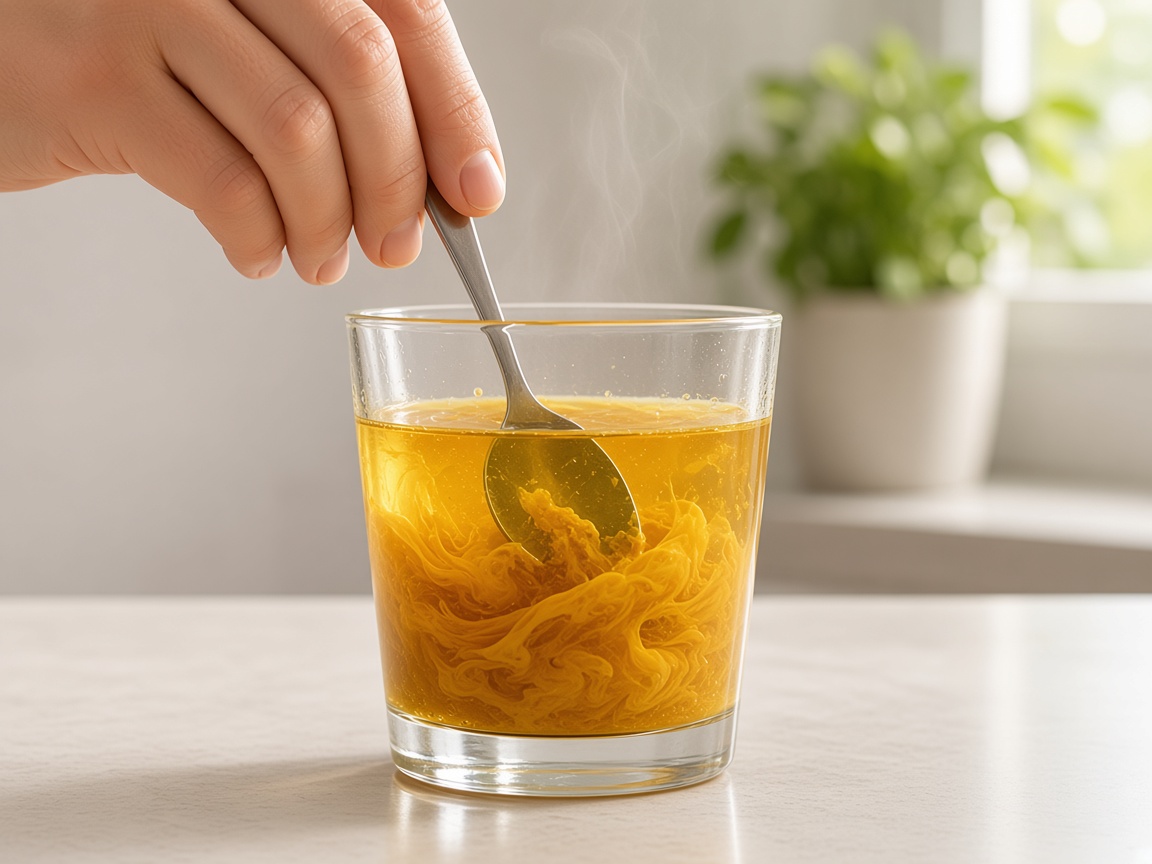 Pasta dorata mescolata con un cucchiaio nel vasetto